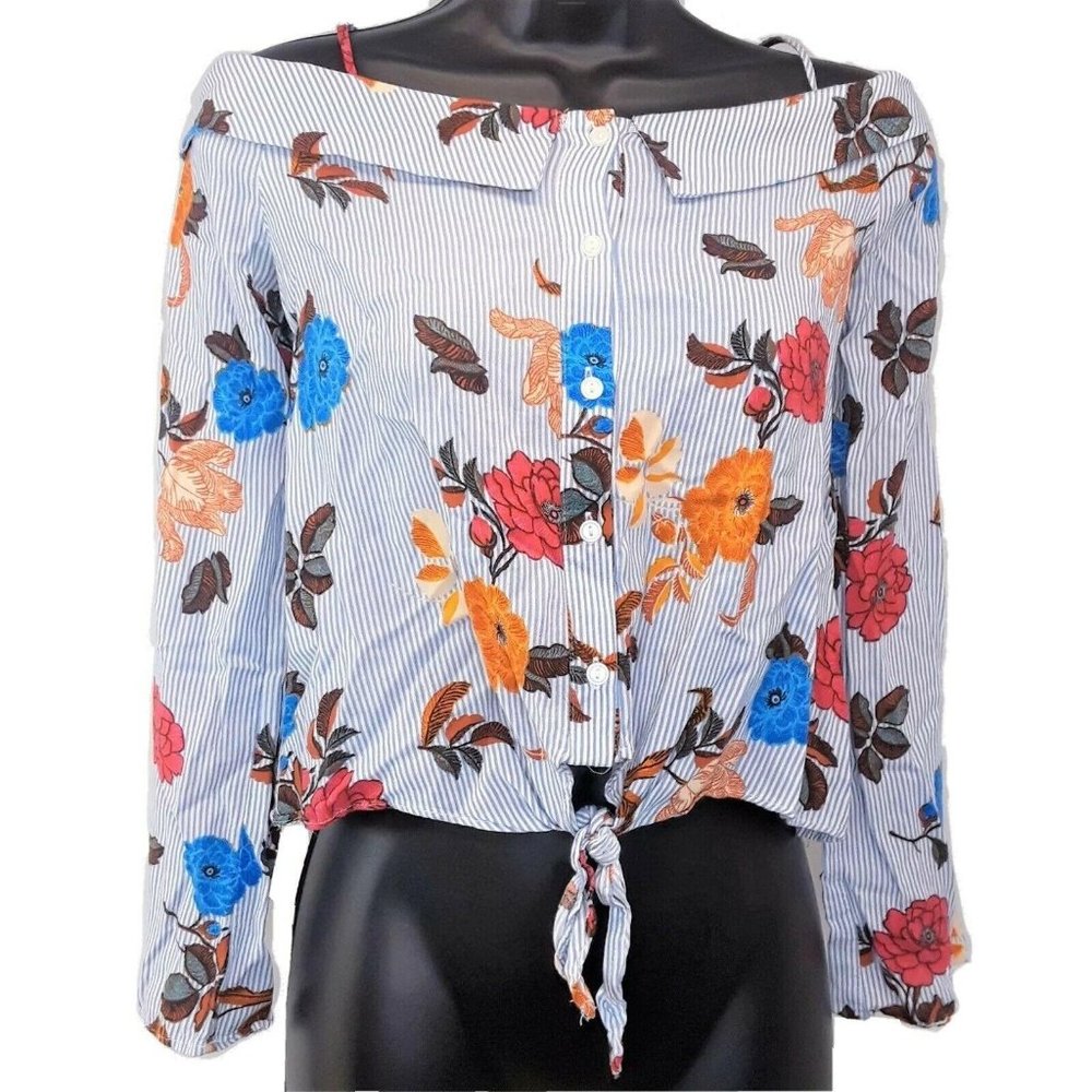 One Clothing Tie Waist Shirt White Floral Off Shoulder Size Large Button Front